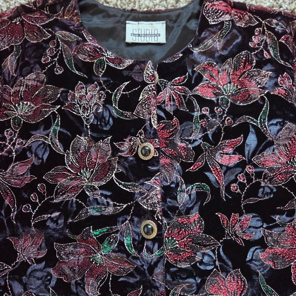Vintage Velvet Floral Button Up Jacket Womens Med Black Artsy Evening Wear Y2K